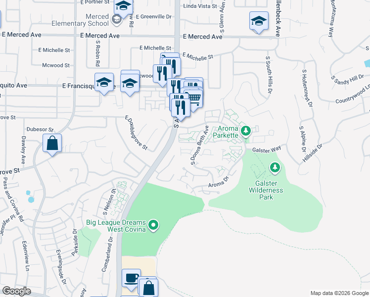 map of restaurants, bars, coffee shops, grocery stores, and more near 1813 Borrego Drive in West Covina