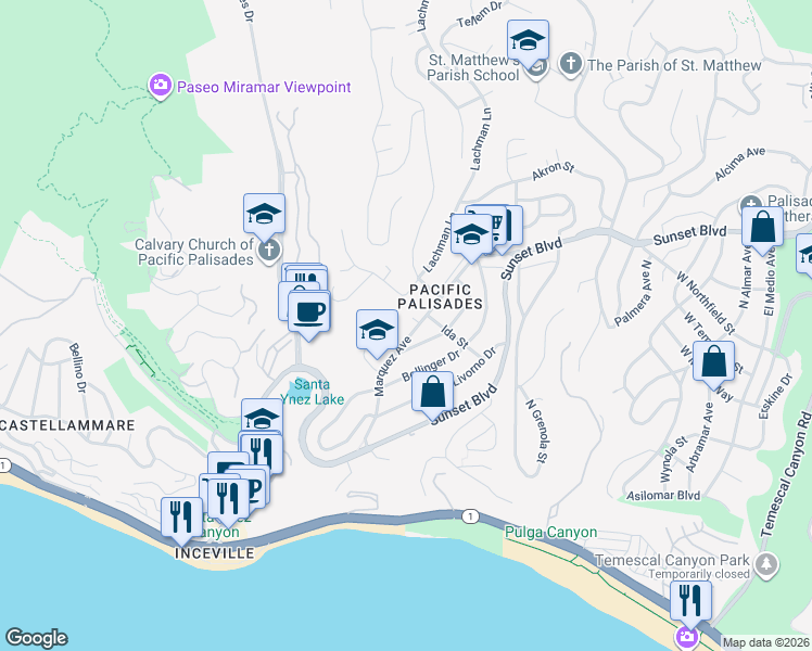 map of restaurants, bars, coffee shops, grocery stores, and more near 16821 Marquez Avenue in Los Angeles