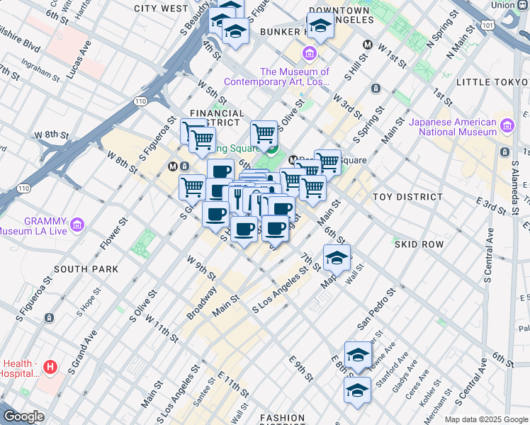 map of restaurants, bars, coffee shops, grocery stores, and more near 316 West 7th Street in Los Angeles