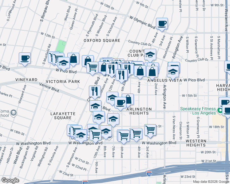 map of restaurants, bars, coffee shops, grocery stores, and more near 1417 South Norton Avenue in Los Angeles