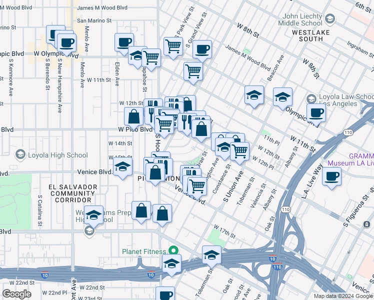 map of restaurants, bars, coffee shops, grocery stores, and more near 1324 South Westlake Avenue in Los Angeles