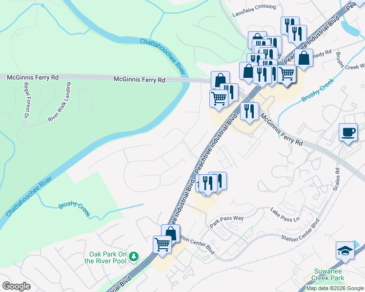 map of restaurants, bars, coffee shops, grocery stores, and more near 1745 Chattahoochee Run Drive in Suwanee