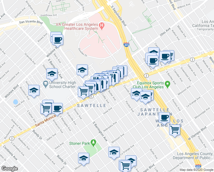 map of restaurants, bars, coffee shops, grocery stores, and more near 11500 California 2 in Los Angeles