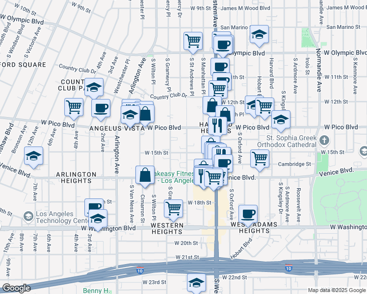 map of restaurants, bars, coffee shops, grocery stores, and more near 1415 South Saint Andrews Place in Los Angeles
