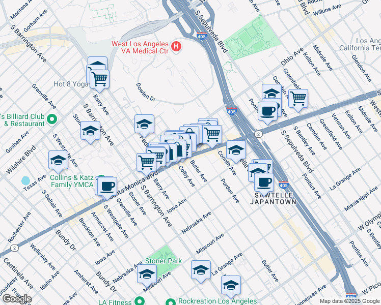 map of restaurants, bars, coffee shops, grocery stores, and more near 11425 Santa Monica Boulevard in Los Angeles