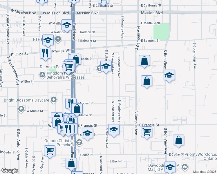 map of restaurants, bars, coffee shops, grocery stores, and more near 1527 South Sultana Avenue in Ontario