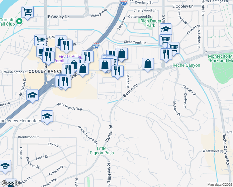 map of restaurants, bars, coffee shops, grocery stores, and more near 1316 South Meadow Lane in Colton