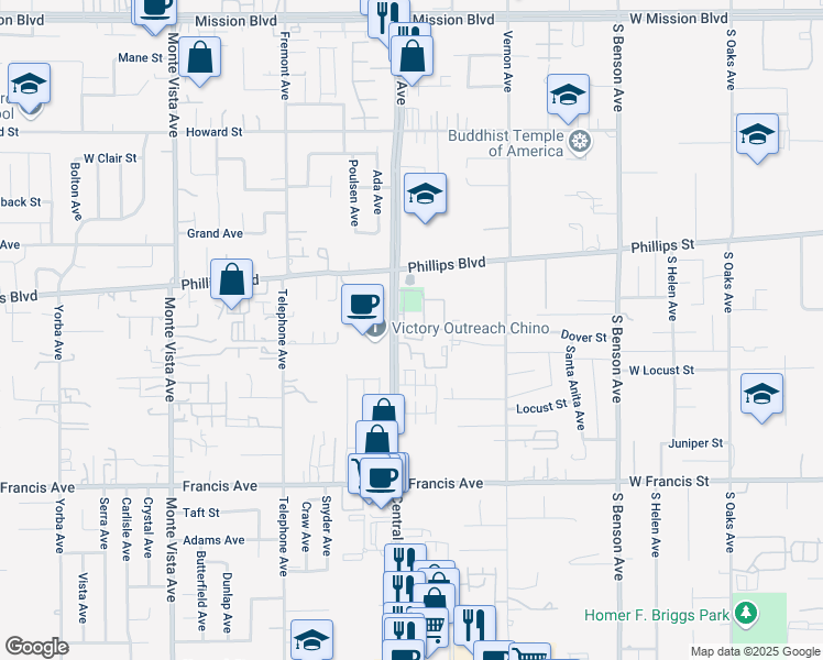 map of restaurants, bars, coffee shops, grocery stores, and more near 11475 Central Avenue in Chino