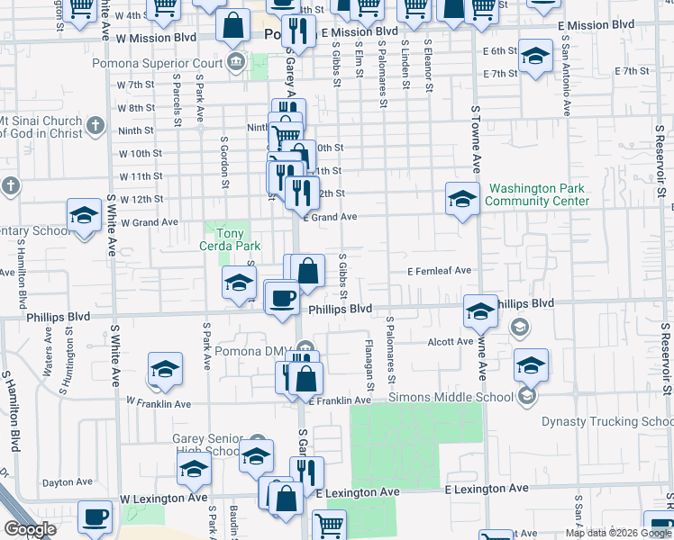 map of restaurants, bars, coffee shops, grocery stores, and more near 1445 South Gibbs Street in Pomona