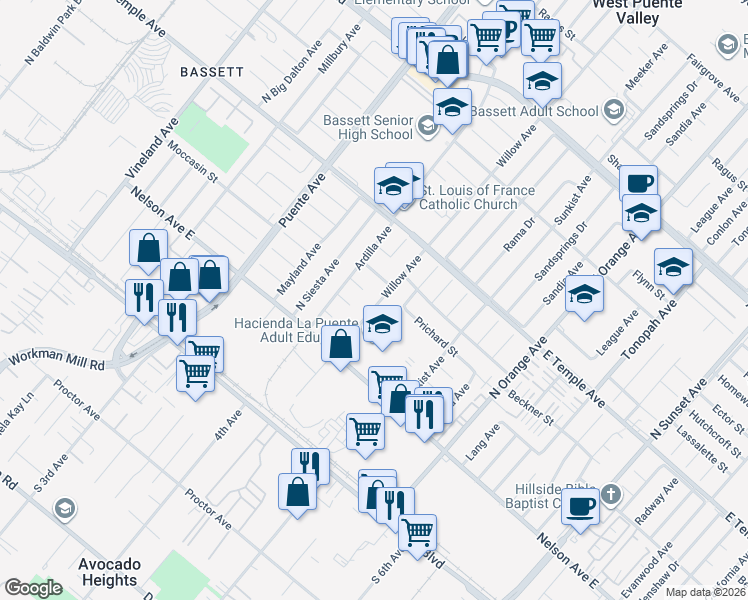 map of restaurants, bars, coffee shops, grocery stores, and more near 14101 Nelson Avenue East in La Puente