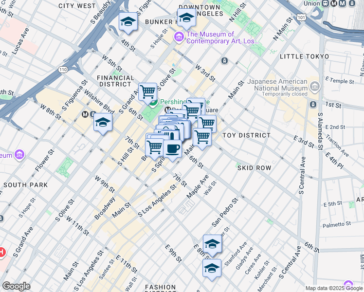 map of restaurants, bars, coffee shops, grocery stores, and more near 634 South Spring Street in Los Angeles