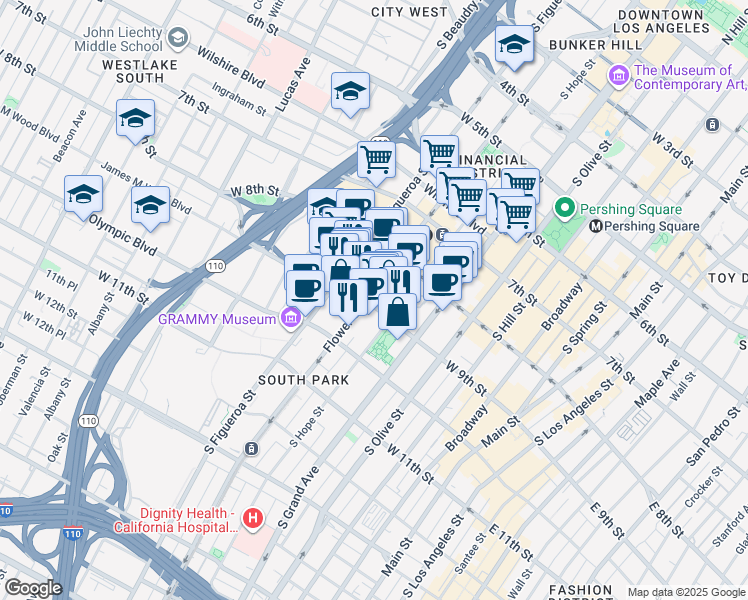 map of restaurants, bars, coffee shops, grocery stores, and more near 600 West 9th Street in Los Angeles