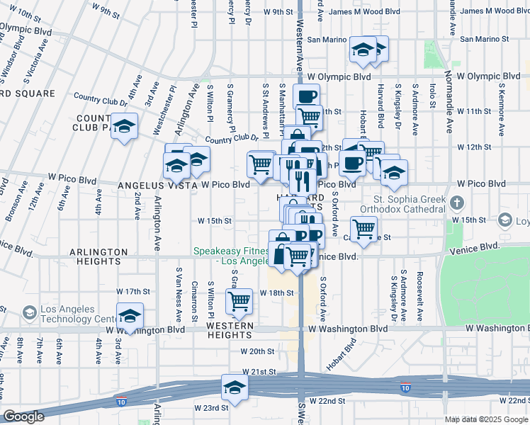 map of restaurants, bars, coffee shops, grocery stores, and more near 1422 South Saint Andrews Place in Los Angeles