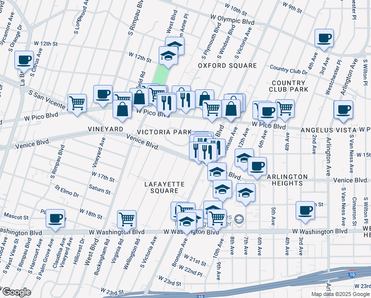 map of restaurants, bars, coffee shops, grocery stores, and more near 4342 Victoria Park Place in Los Angeles