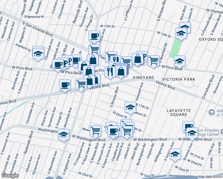 map of restaurants, bars, coffee shops, grocery stores, and more near 1655 South Rimpau Boulevard in Los Angeles