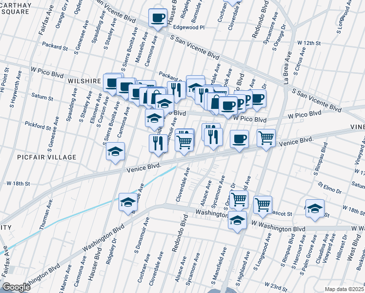 map of restaurants, bars, coffee shops, grocery stores, and more near 1545 South Cloverdale Avenue in Los Angeles