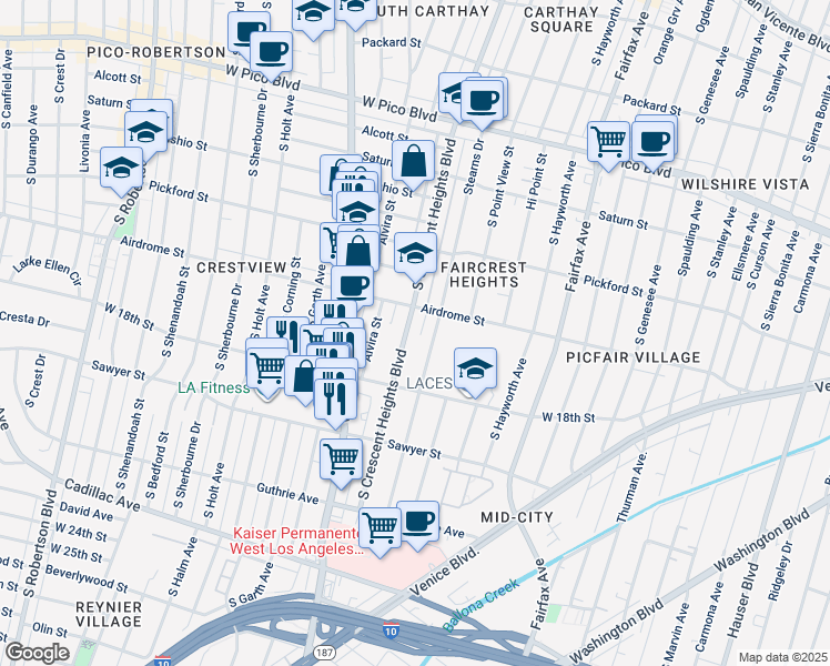 map of restaurants, bars, coffee shops, grocery stores, and more near 1742 South Crescent Heights Boulevard in Los Angeles