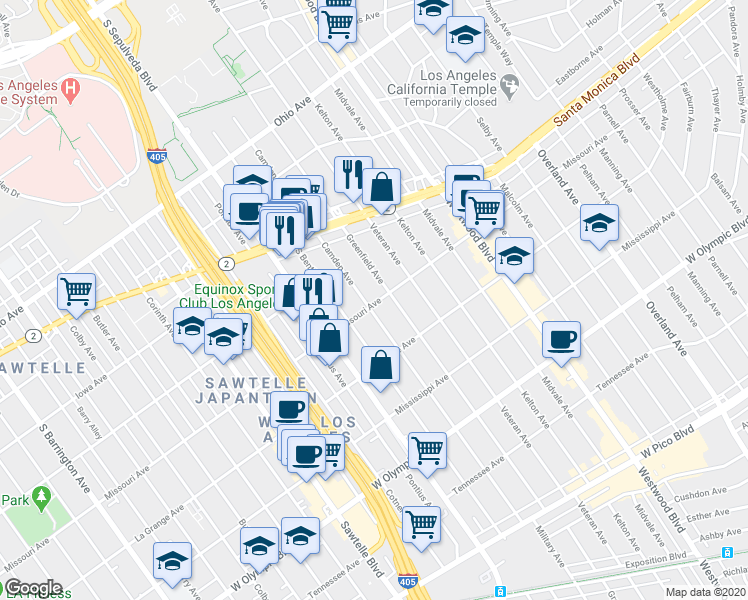 map of restaurants, bars, coffee shops, grocery stores, and more near 1865 Camden Avenue in Los Angeles