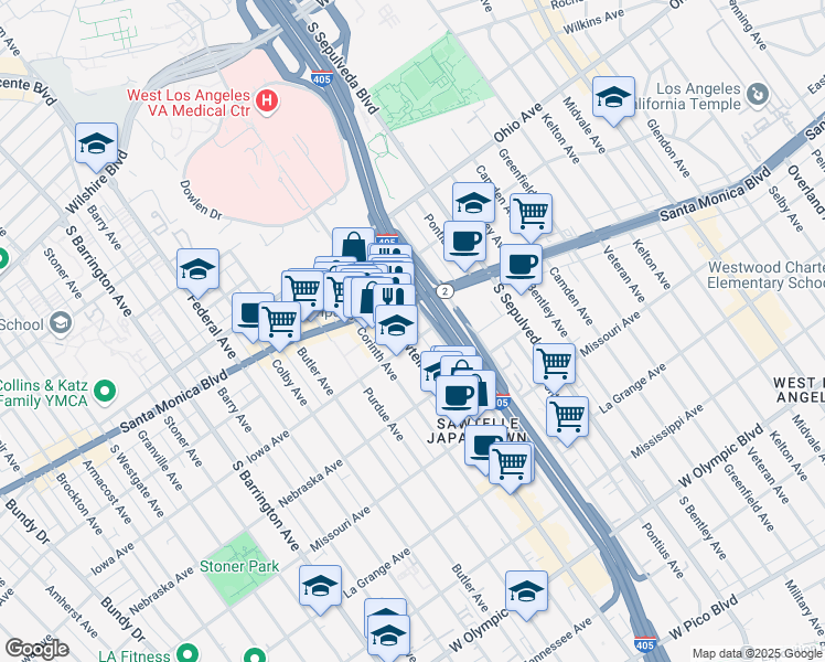 map of restaurants, bars, coffee shops, grocery stores, and more near 1670 Sawtelle Boulevard in Los Angeles