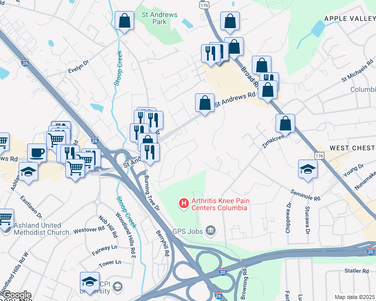 map of restaurants, bars, coffee shops, grocery stores, and more near 200 Chartwell Road in Columbia