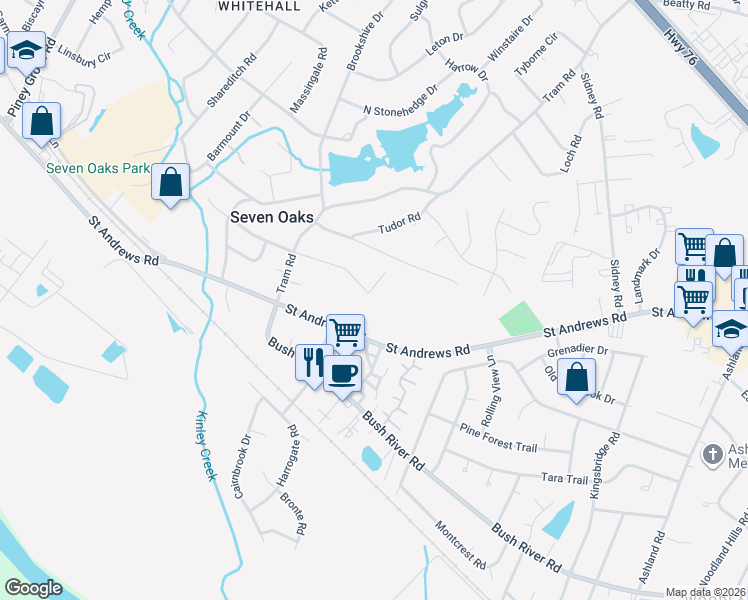 map of restaurants, bars, coffee shops, grocery stores, and more near 262 Sandhurst Road in Columbia