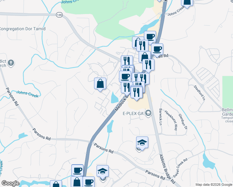 map of restaurants, bars, coffee shops, grocery stores, and more near 10821 Alderwood Cove in Johns Creek
