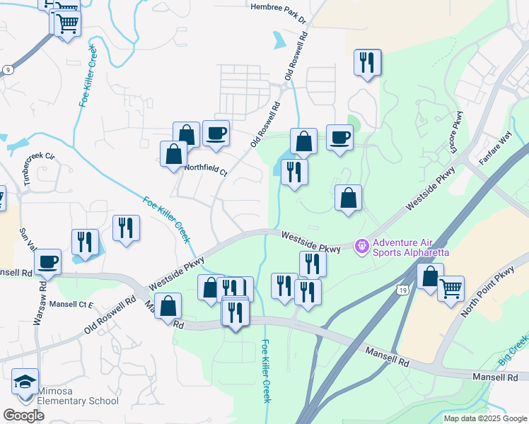 map of restaurants, bars, coffee shops, grocery stores, and more near 1270 Hanover Place in Alpharetta