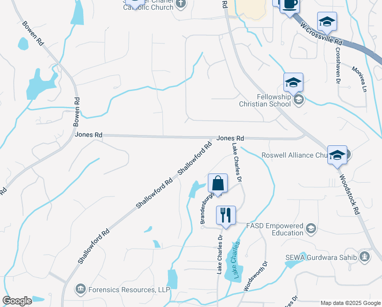map of restaurants, bars, coffee shops, grocery stores, and more near 10895 Shallowford Road in Roswell