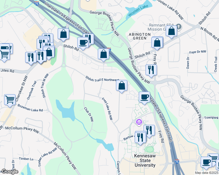 map of restaurants, bars, coffee shops, grocery stores, and more near 1375 Stonehenge Court in Kennesaw