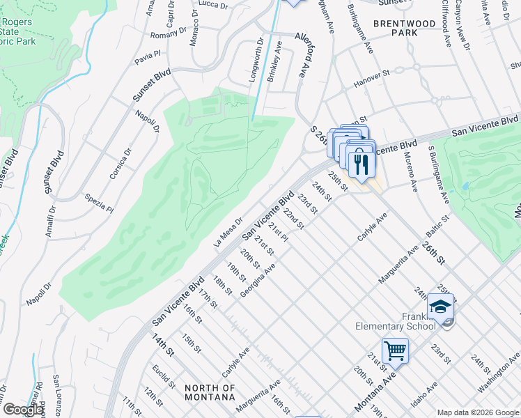 map of restaurants, bars, coffee shops, grocery stores, and more near 2134 La Mesa Drive in Santa Monica