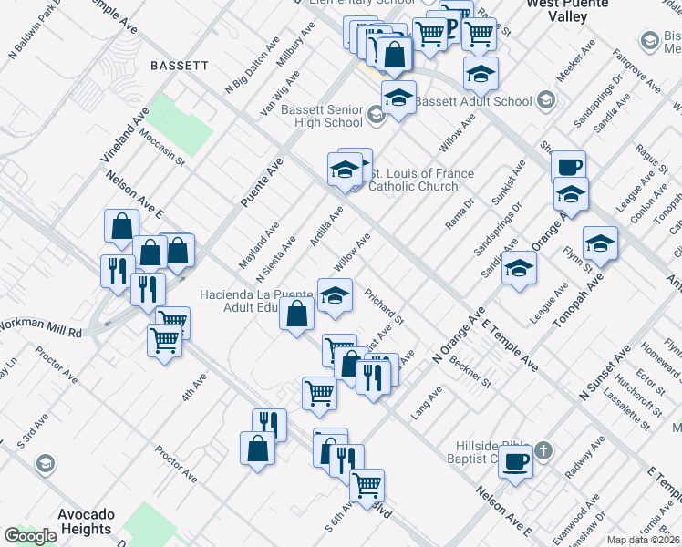 map of restaurants, bars, coffee shops, grocery stores, and more near 436 Willow Avenue in La Puente