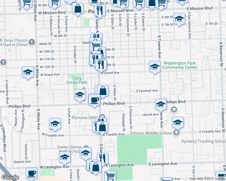 map of restaurants, bars, coffee shops, grocery stores, and more near 1445 South Gibbs Street in Pomona