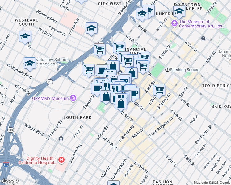map of restaurants, bars, coffee shops, grocery stores, and more near 801 South Grand Avenue in Los Angeles