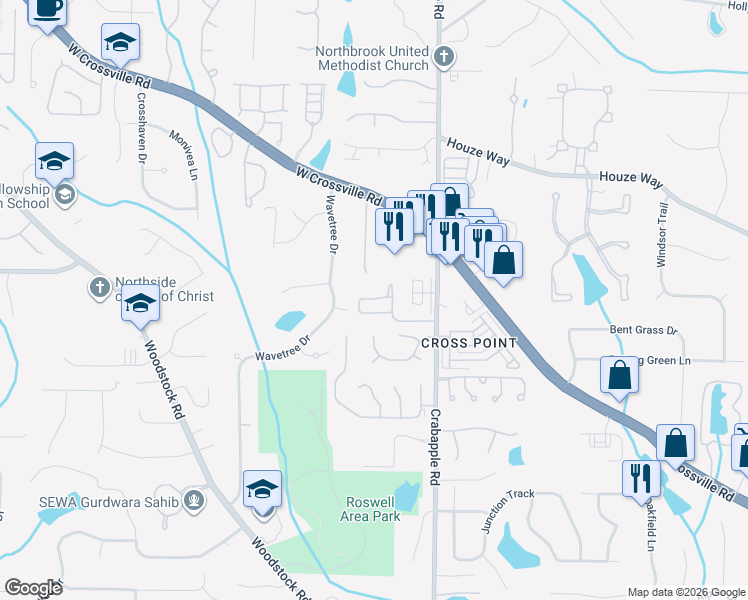 map of restaurants, bars, coffee shops, grocery stores, and more near 185 Victoria Way in Roswell