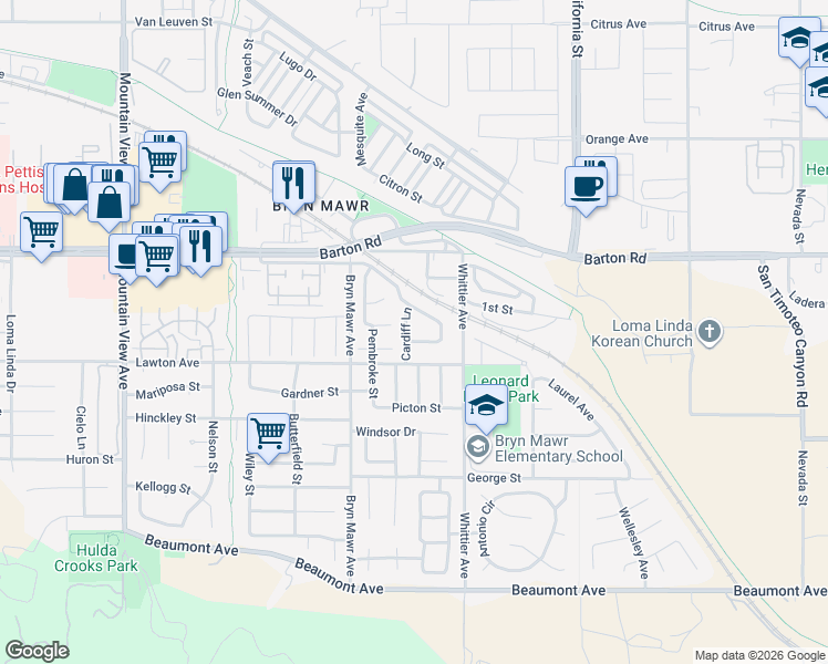 map of restaurants, bars, coffee shops, grocery stores, and more near 11443 Cardiff Lane in Loma Linda