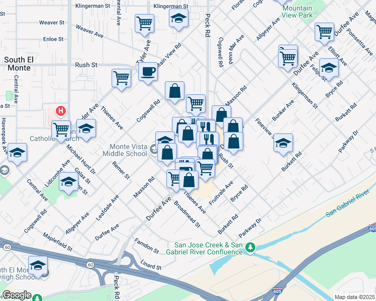 map of restaurants, bars, coffee shops, grocery stores, and more near 1918 Frank Stiles Street in South El Monte