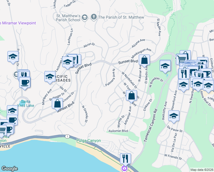 map of restaurants, bars, coffee shops, grocery stores, and more near 602 Palmera Avenue North in Los Angeles