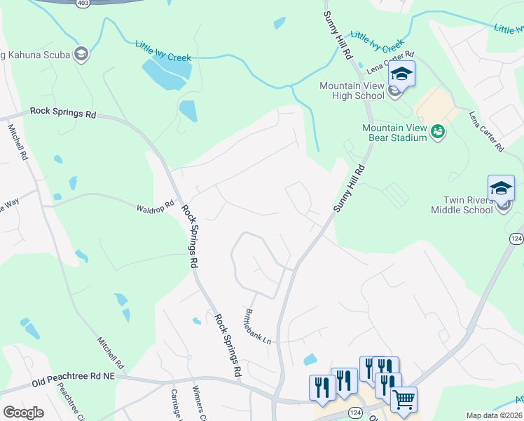 map of restaurants, bars, coffee shops, grocery stores, and more near 2287 Rocksram Court in Buford