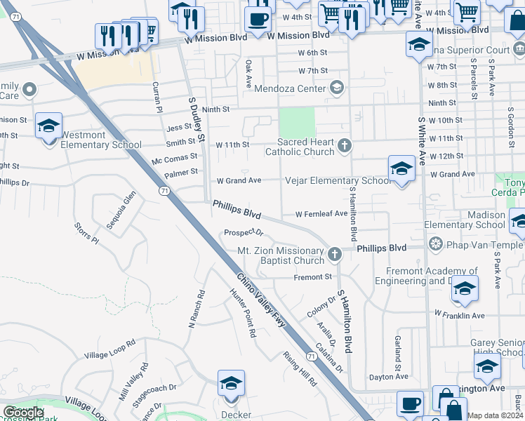 map of restaurants, bars, coffee shops, grocery stores, and more near 1353 West Phillips Boulevard in Pomona