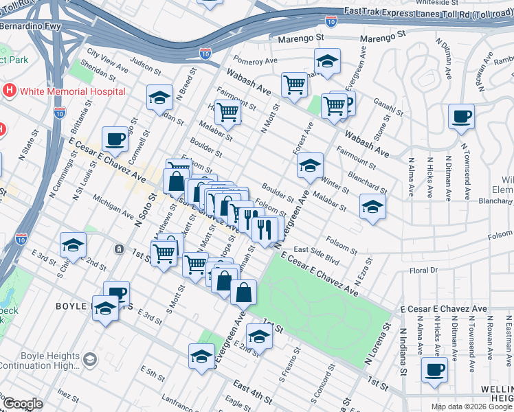map of restaurants, bars, coffee shops, grocery stores, and more near 2750 Folsom Street in Los Angeles