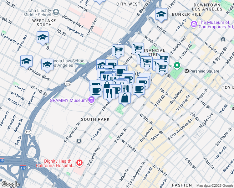 map of restaurants, bars, coffee shops, grocery stores, and more near 600 West 9th Street in Los Angeles