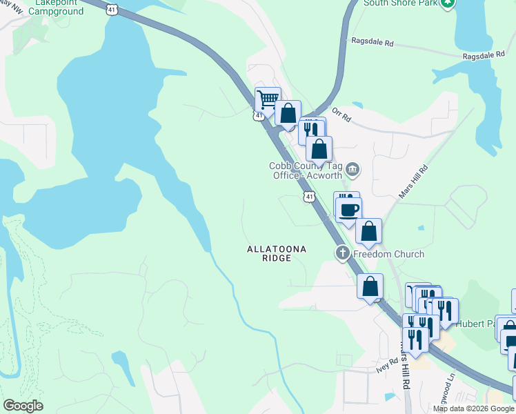 map of restaurants, bars, coffee shops, grocery stores, and more near 3708 Summit Drive Northwest in Acworth