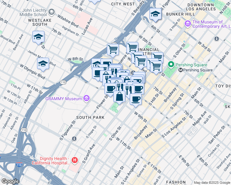 map of restaurants, bars, coffee shops, grocery stores, and more near 645 West 9th Street in Los Angeles