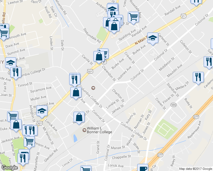 map of restaurants, bars, coffee shops, grocery stores, and more near 4801 Colonial Drive in Columbia