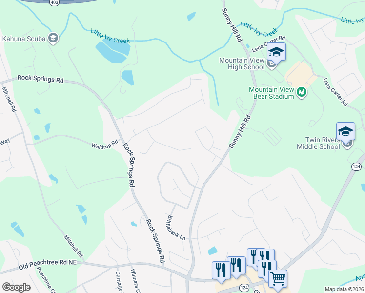 map of restaurants, bars, coffee shops, grocery stores, and more near 2267 Rocksram Court in Buford