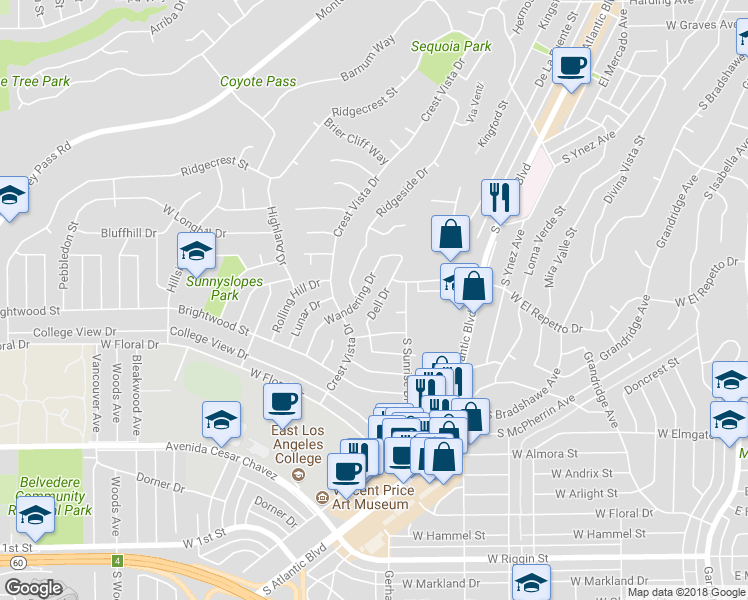 map of restaurants, bars, coffee shops, grocery stores, and more near 1431 Dell Drive in Monterey Park