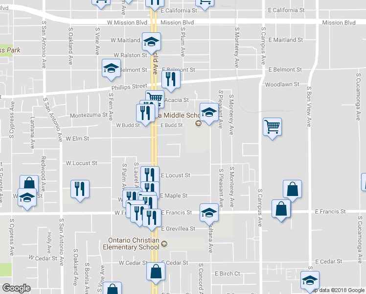 map of restaurants, bars, coffee shops, grocery stores, and more near 218 East De Anza Circle in Ontario