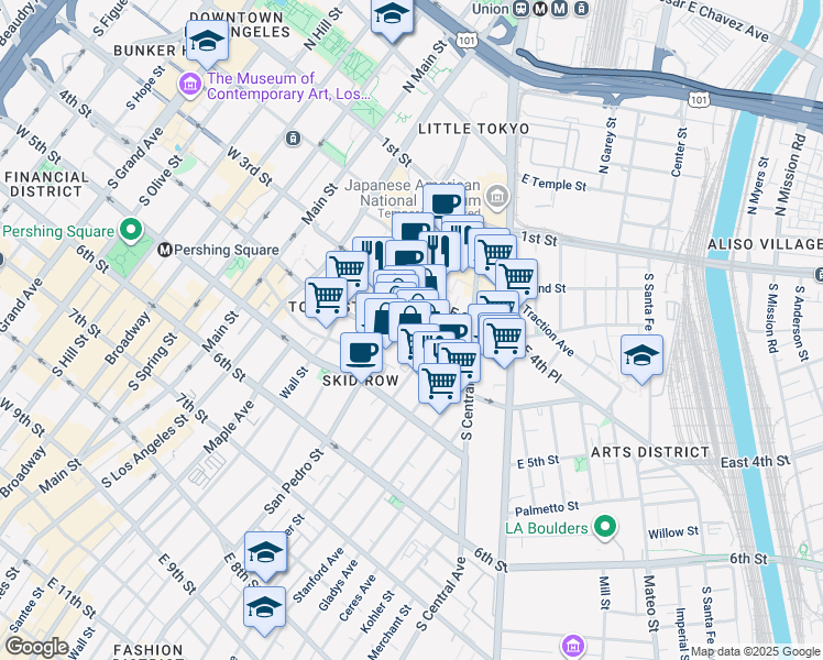 map of restaurants, bars, coffee shops, grocery stores, and more near 332 Omar Street in Los Angeles