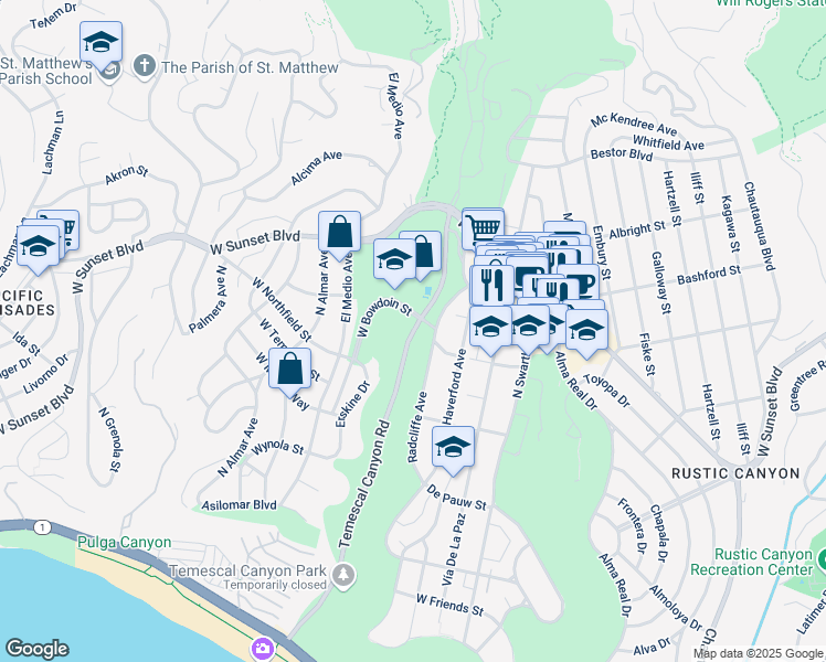 map of restaurants, bars, coffee shops, grocery stores, and more near in Topanga