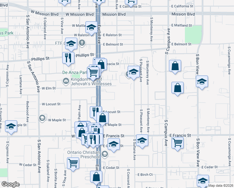 map of restaurants, bars, coffee shops, grocery stores, and more near 218 East De Anza Circle in Ontario